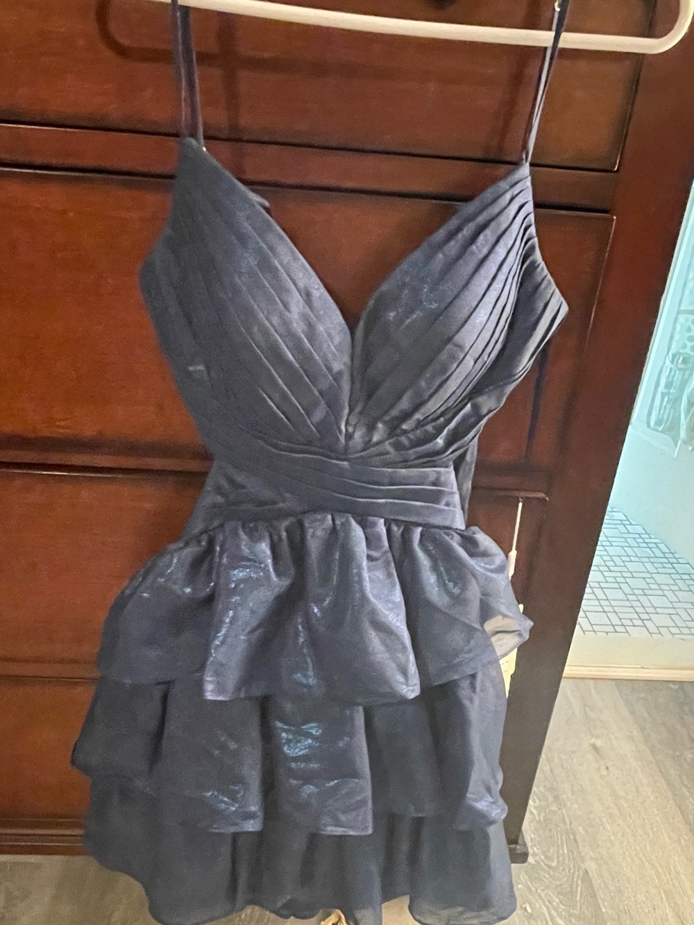 Stacees Navy Blue V-Neck Tiered Ruffle Mini Dress - Picture 2 of 7